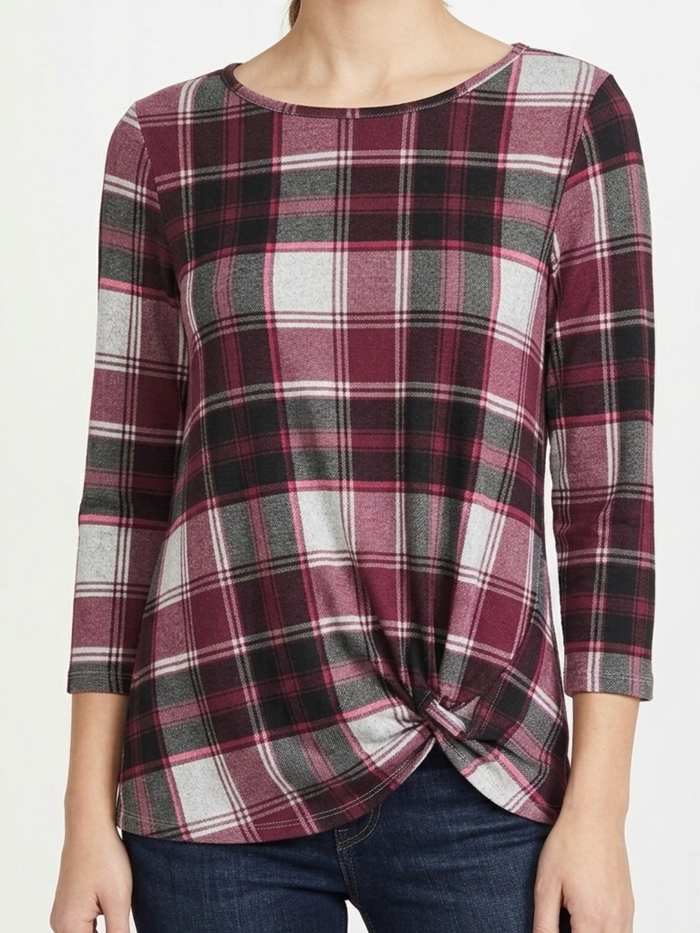 Plaid Twist Front Crewneck Top 3/4 Sleeve Berry Charcoal Fall Layering